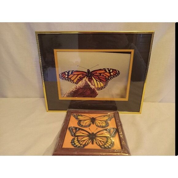 Other - 2) Framed Monarch Butterfly Picture + Hot Plate Trivet Wall Decor Butterfly Tile